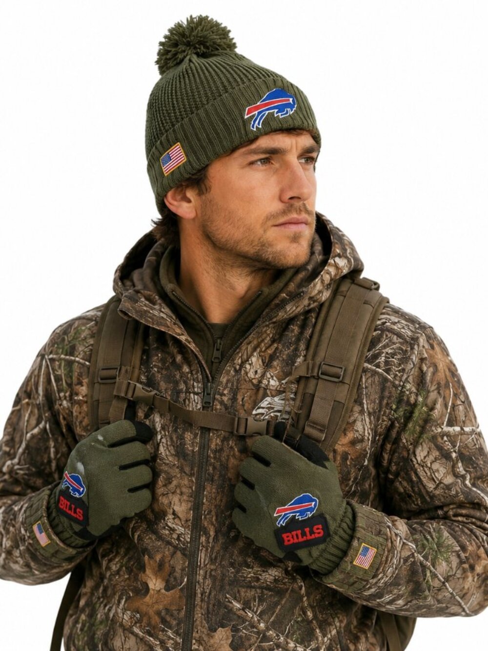 Buffalo Bills Hat Gloves Salute to Service Set Green Cap Beanie USA Flag New